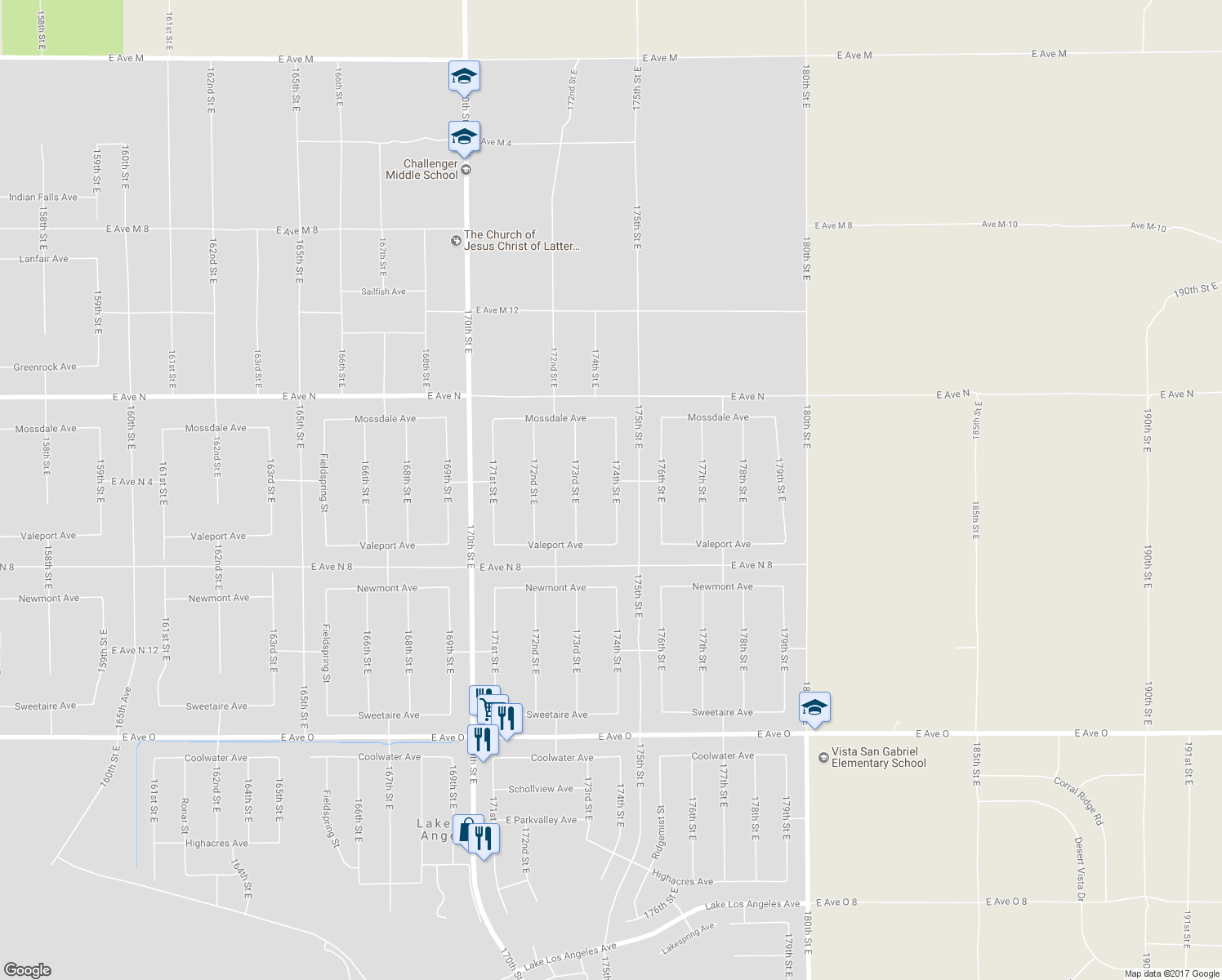 map of restaurants, bars, coffee shops, grocery stores, and more near 40985 174th Street East in Lancaster