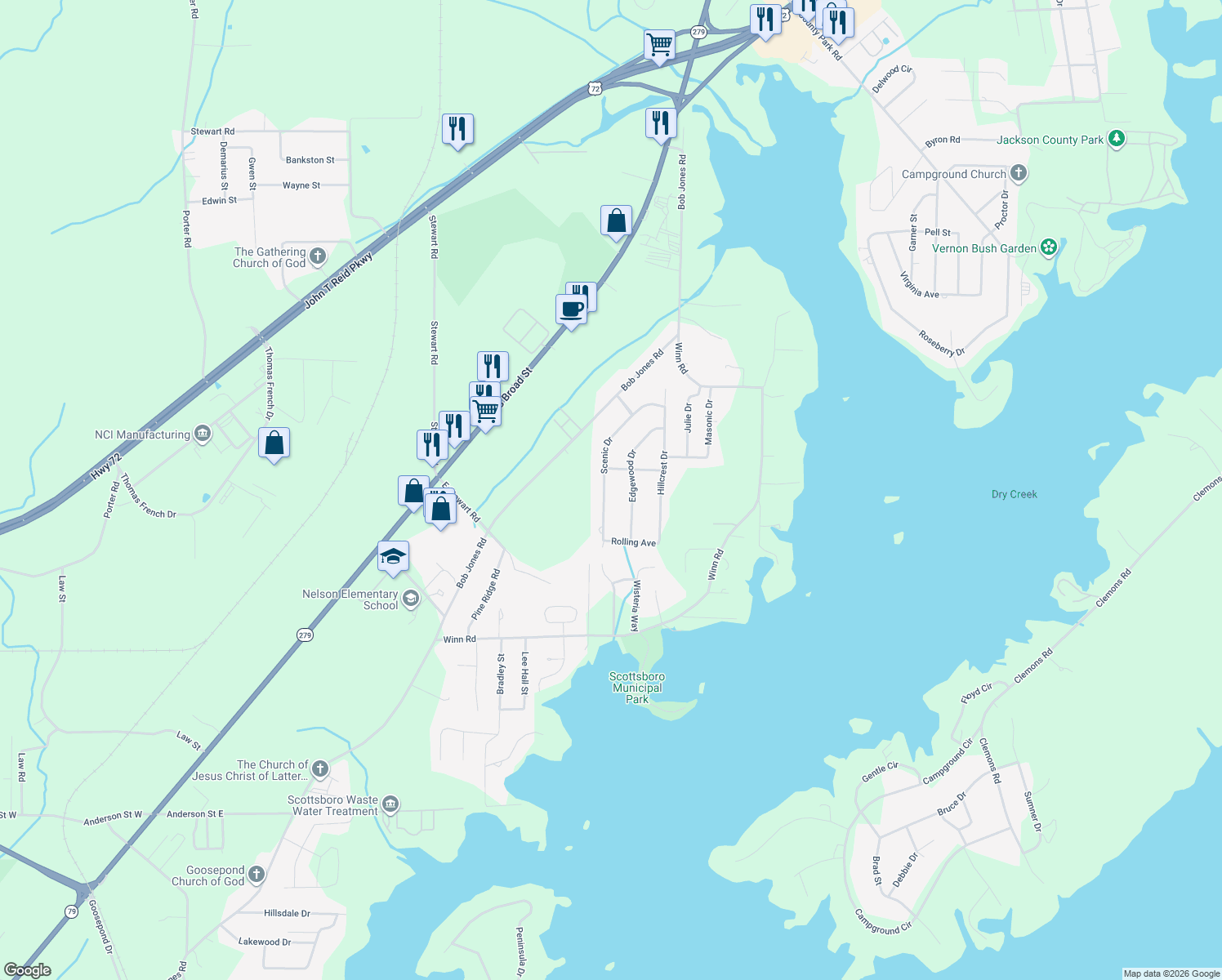 map of restaurants, bars, coffee shops, grocery stores, and more near 3202 Edgewood Drive in Scottsboro