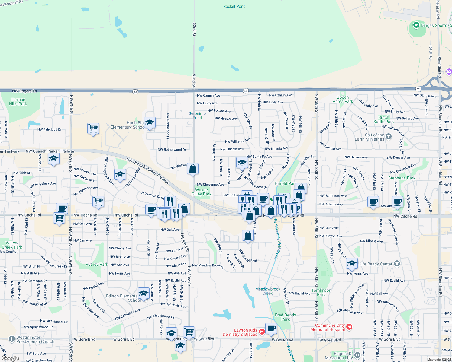 map of restaurants, bars, coffee shops, grocery stores, and more near 1604 NW 48th St in Lawton