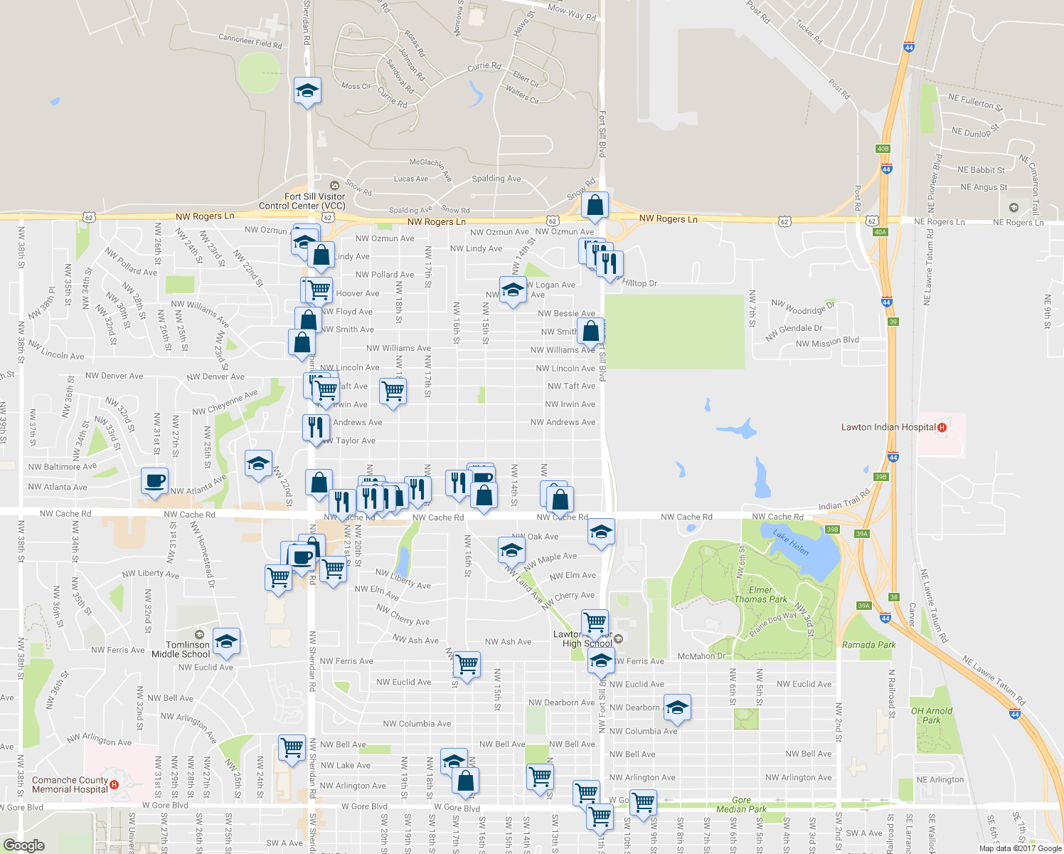 map of restaurants, bars, coffee shops, grocery stores, and more near 1308 Northwest Andrews Avenue in Lawton