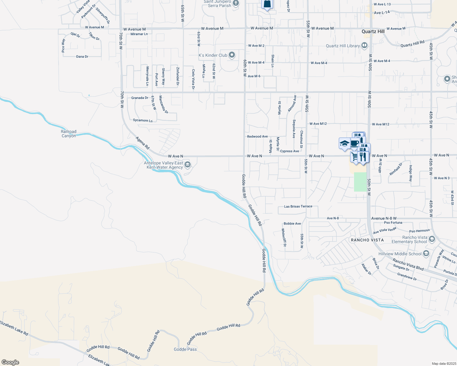 map of restaurants, bars, coffee shops, grocery stores, and more near VAC/60TH Saint West/Vic Avenue North in Palmdale