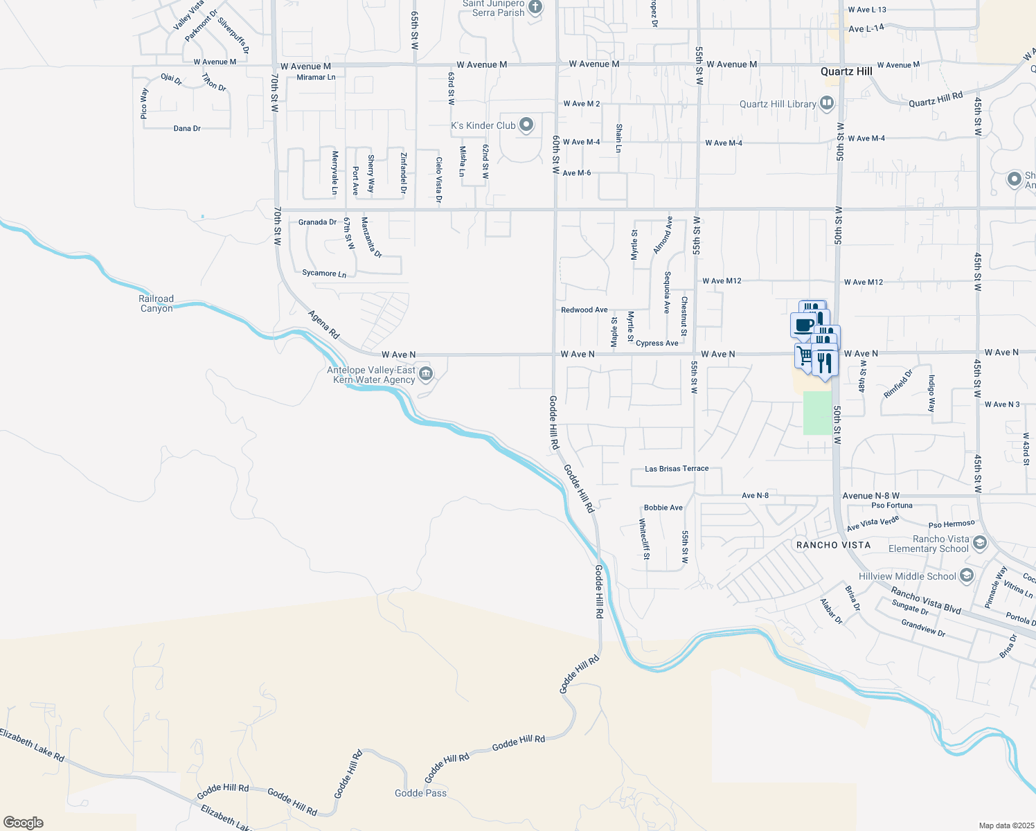 map of restaurants, bars, coffee shops, grocery stores, and more near VAC/60TH Saint West/Vic Avenue North in Palmdale
