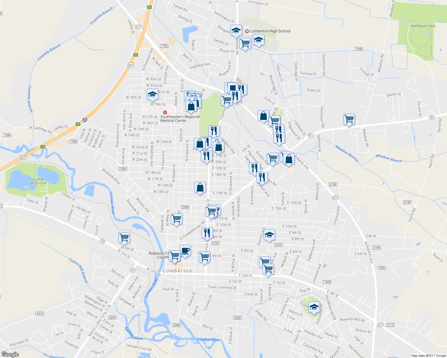 map of restaurants, bars, coffee shops, grocery stores, and more near 513 East 17th Street in Lumberton