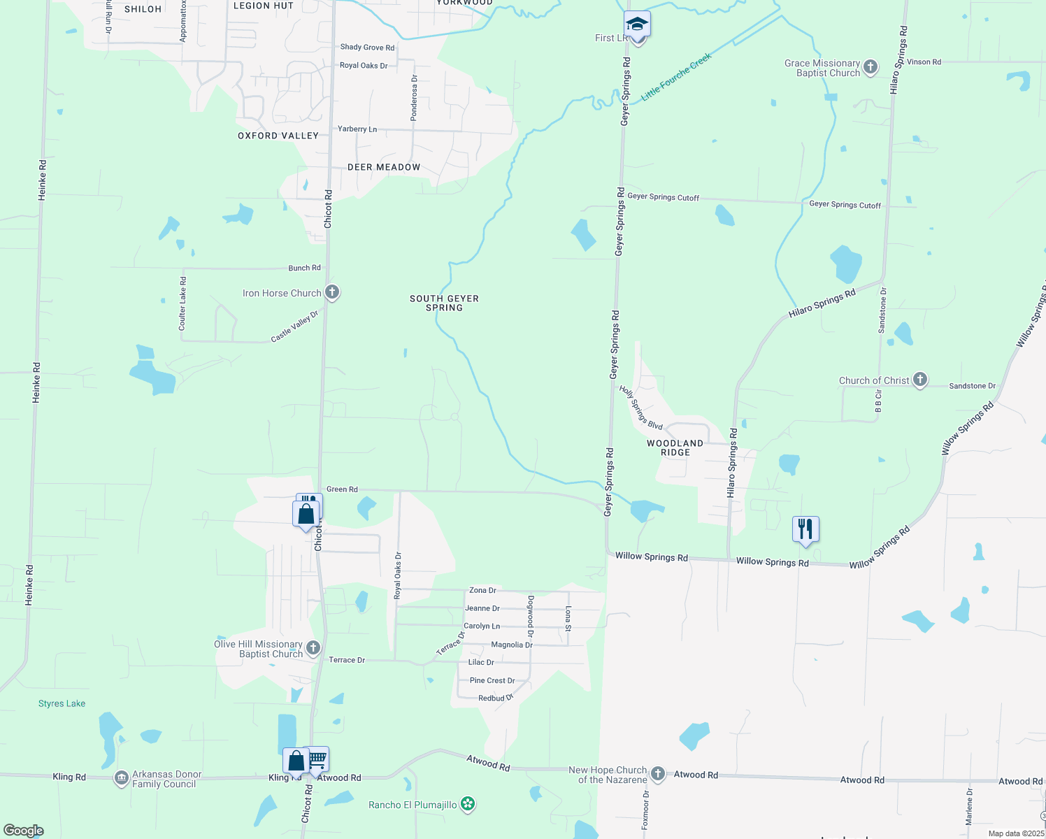 map of restaurants, bars, coffee shops, grocery stores, and more near 6420 Green Road in Pulaski County