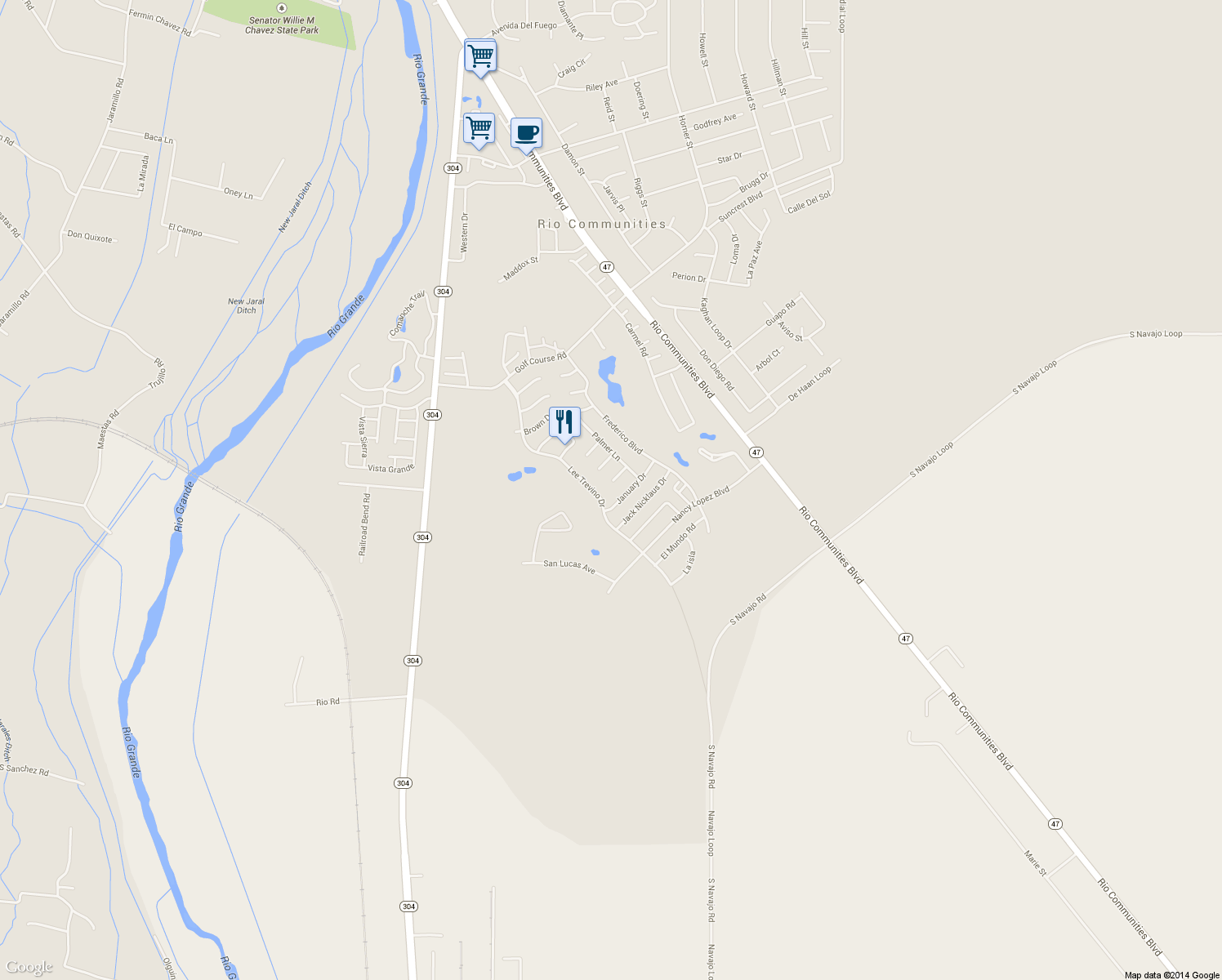 map of restaurants, bars, coffee shops, grocery stores, and more near 1615 Blanda Court in Belen