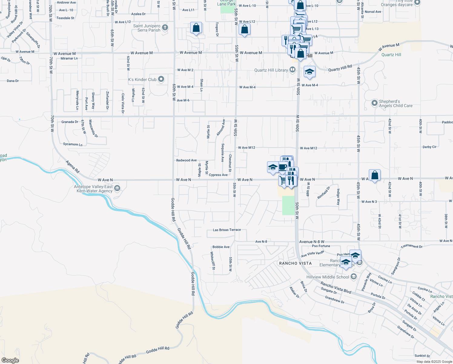 map of restaurants, bars, coffee shops, grocery stores, and more near 41181 Summitview Lane in Palmdale