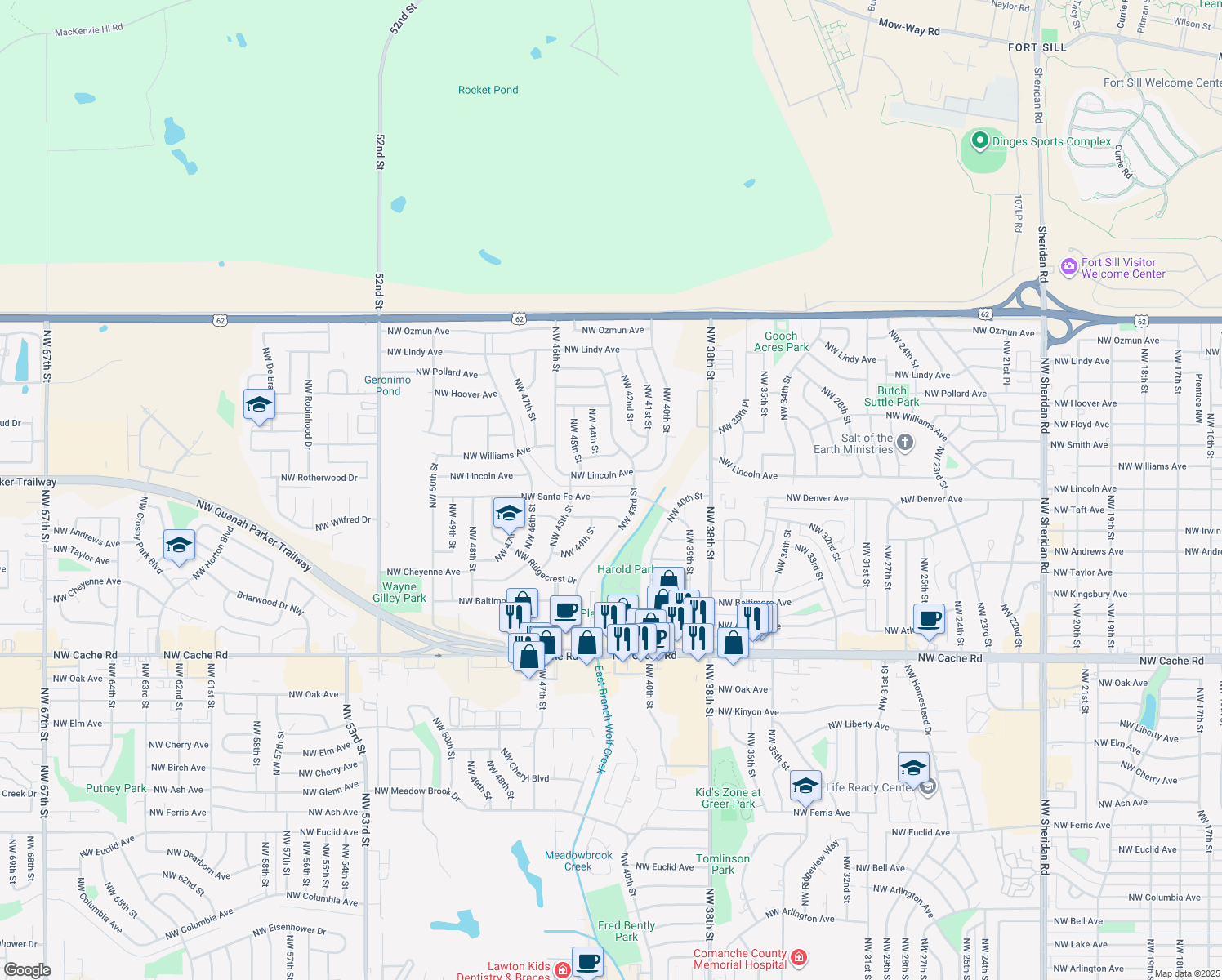 map of restaurants, bars, coffee shops, grocery stores, and more near 4309 Northwest Santa Fe Avenue in Lawton