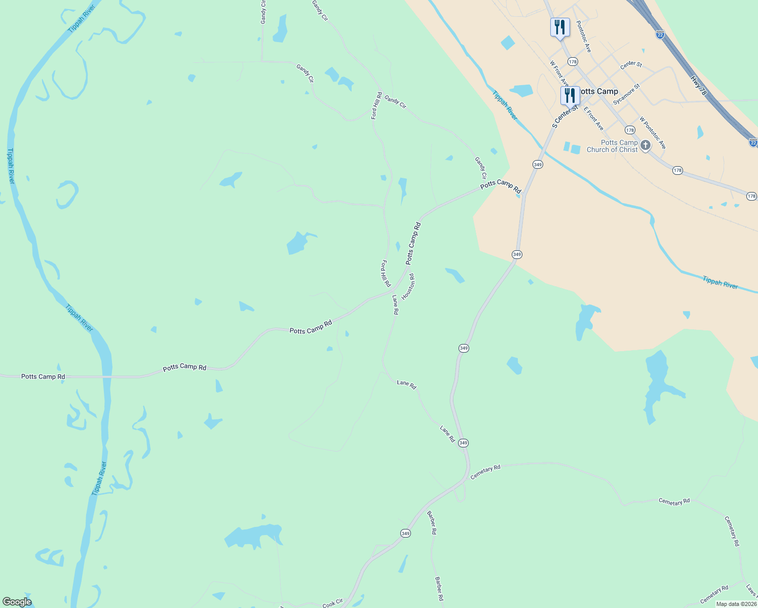 map of restaurants, bars, coffee shops, grocery stores, and more near 5212 Potts Camp Rd in Potts Camp
