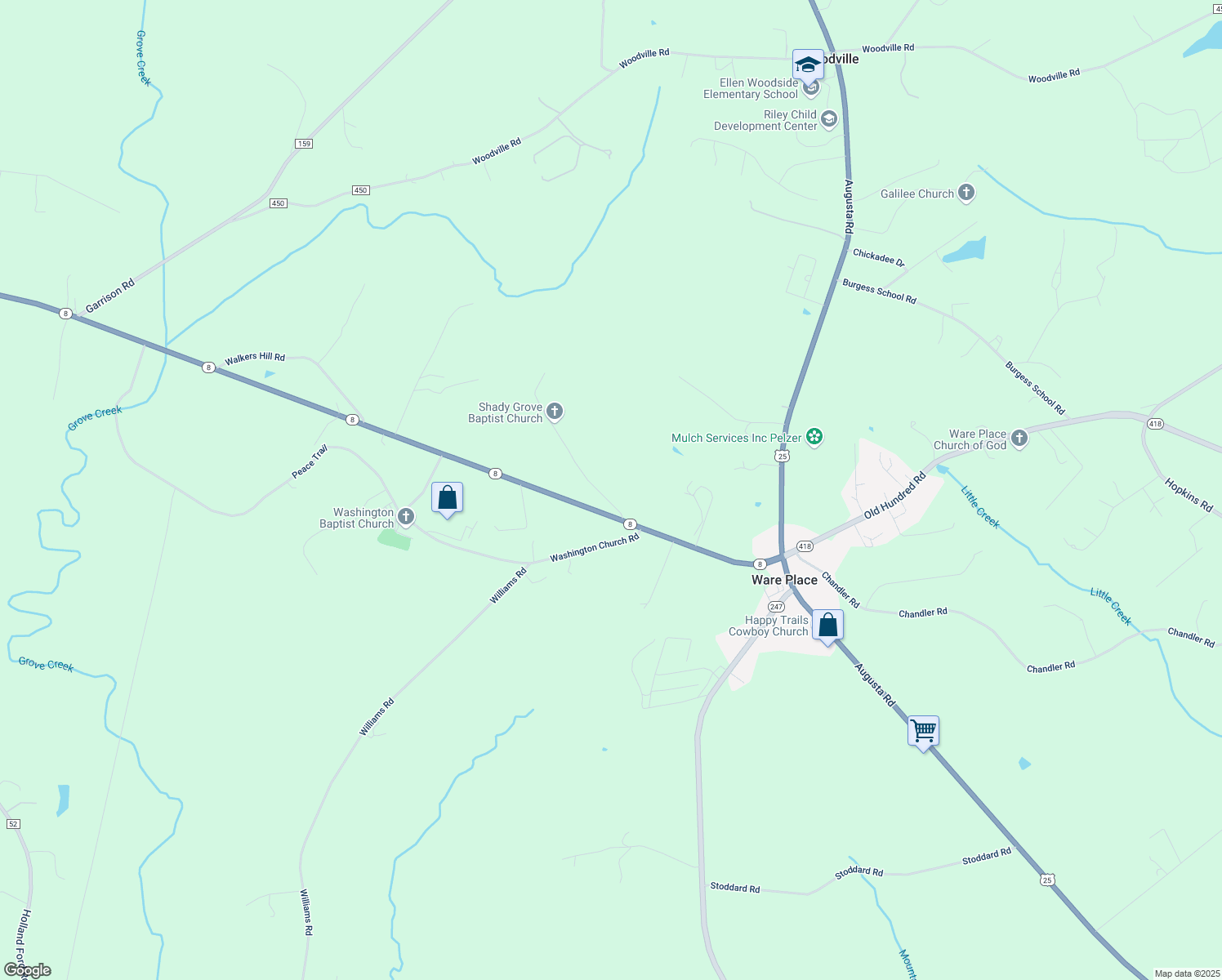 map of restaurants, bars, coffee shops, grocery stores, and more near 106 New Shady Grove Church Road in Pelzer