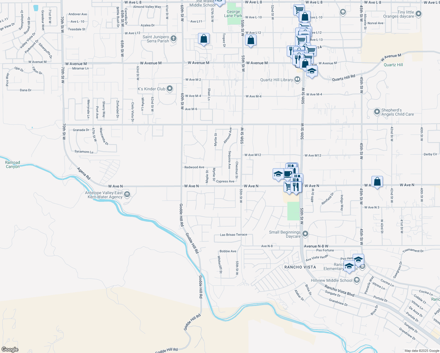 map of restaurants, bars, coffee shops, grocery stores, and more near 41233 Almond Avenue in Palmdale