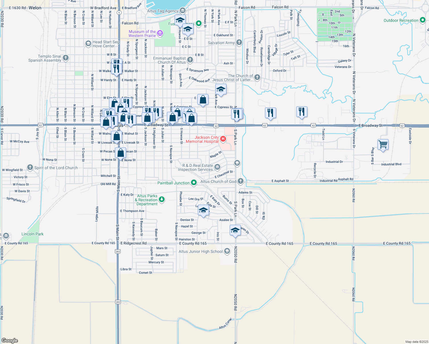 map of restaurants, bars, coffee shops, grocery stores, and more near 1112 East Cherry Street in Altus