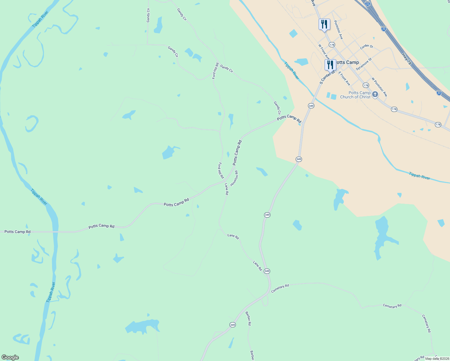 map of restaurants, bars, coffee shops, grocery stores, and more near 5217 Potts Camp Road in Potts Camp