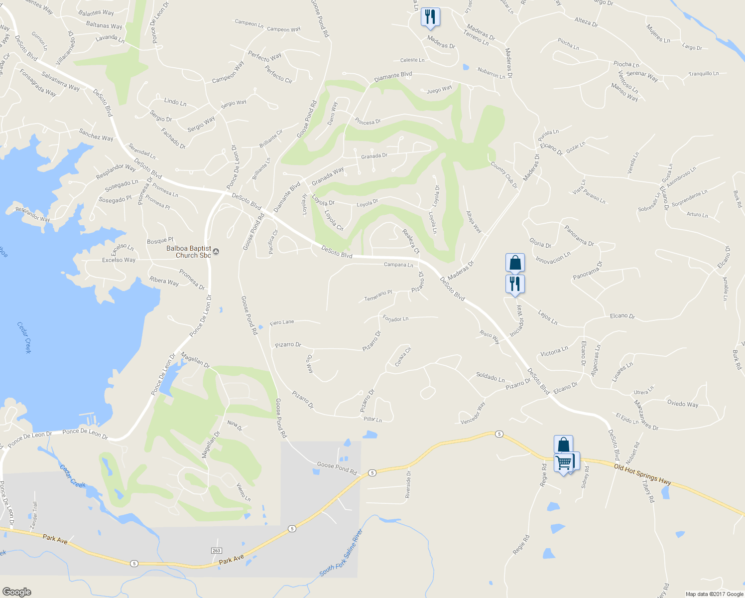 map of restaurants, bars, coffee shops, grocery stores, and more near 15 Temerario Place in Hot Springs Village