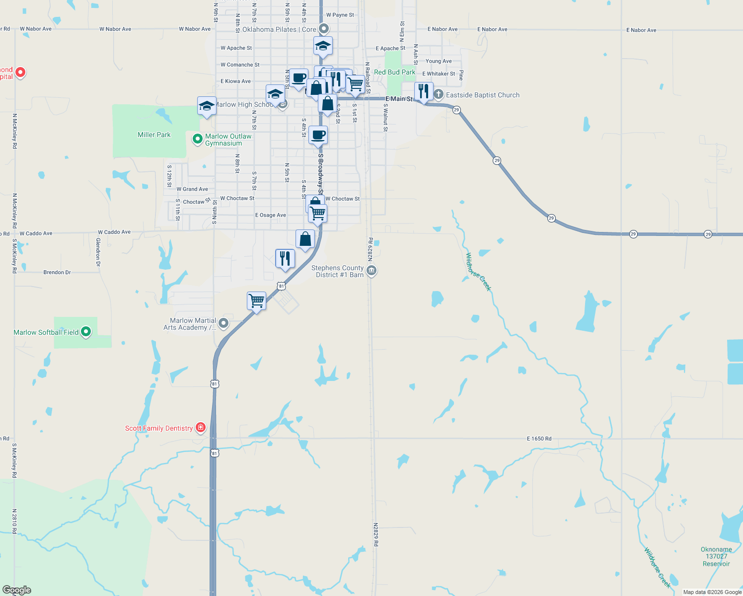 map of restaurants, bars, coffee shops, grocery stores, and more near 1500 South Railroad Street in Marlow