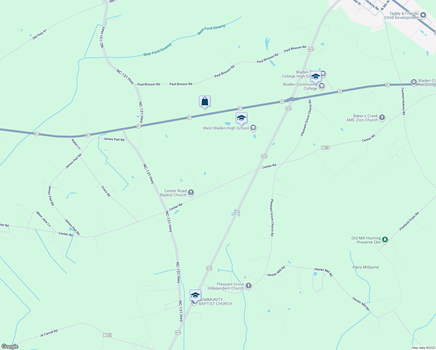 map of restaurants, bars, coffee shops, grocery stores, and more near 78 Avery Avenue in Bladenboro