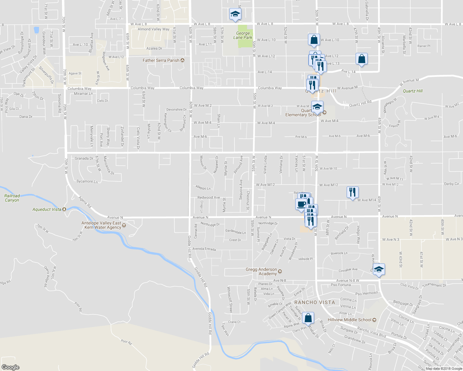 map of restaurants, bars, coffee shops, grocery stores, and more near 41365 Almond Avenue in Palmdale