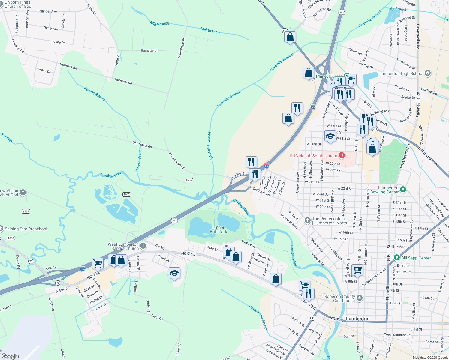 map of restaurants, bars, coffee shops, grocery stores, and more near 2011 West Carthage Road in Lumberton