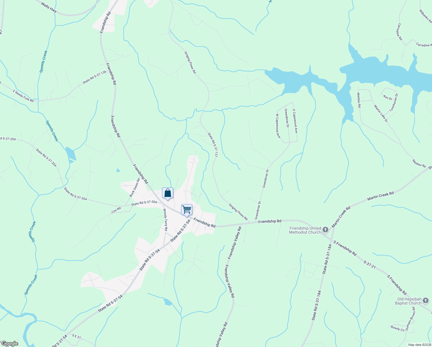 map of restaurants, bars, coffee shops, grocery stores, and more near 543 Singing Pines Road in Seneca