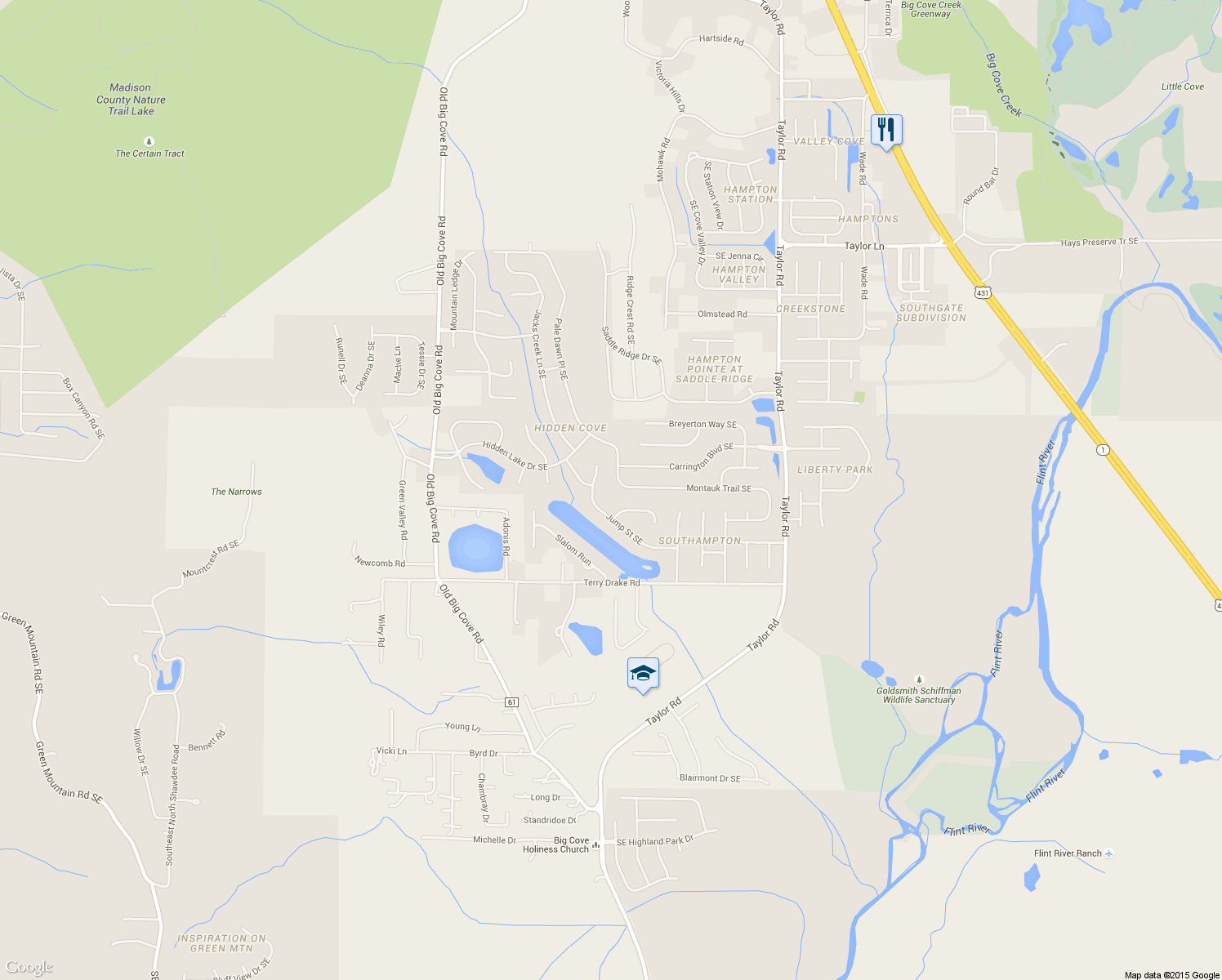 map of restaurants, bars, coffee shops, grocery stores, and more near 5053 Montauk Trail Southeast in Owens Cross Roads