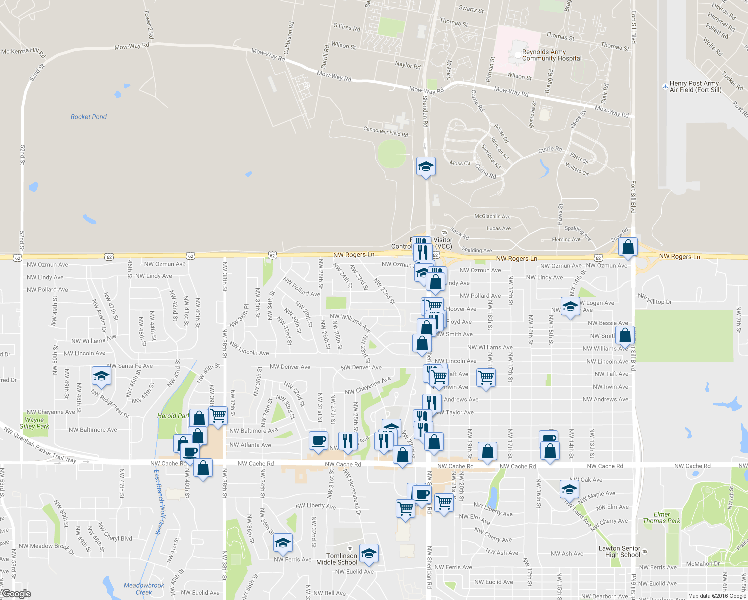 map of restaurants, bars, coffee shops, grocery stores, and more near 2215 Northwest Pollard Avenue in Lawton