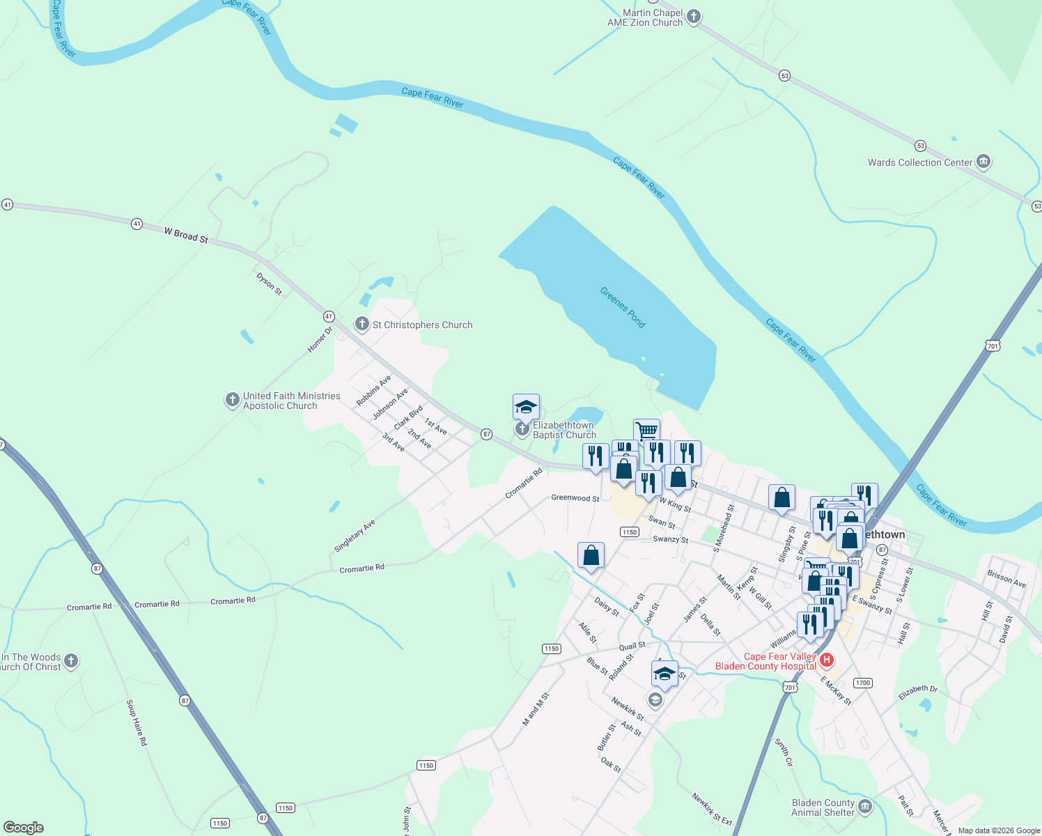 map of restaurants, bars, coffee shops, grocery stores, and more near 199 Melvin Street in Elizabethtown