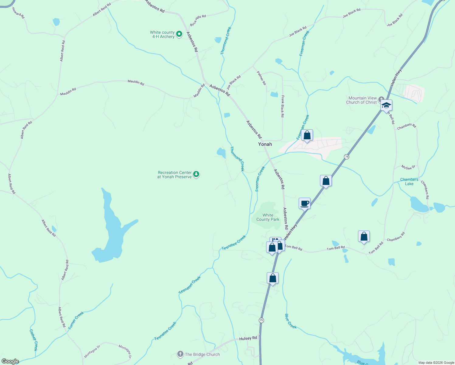 map of restaurants, bars, coffee shops, grocery stores, and more near 591 Yonah Valley Rd in Cleveland