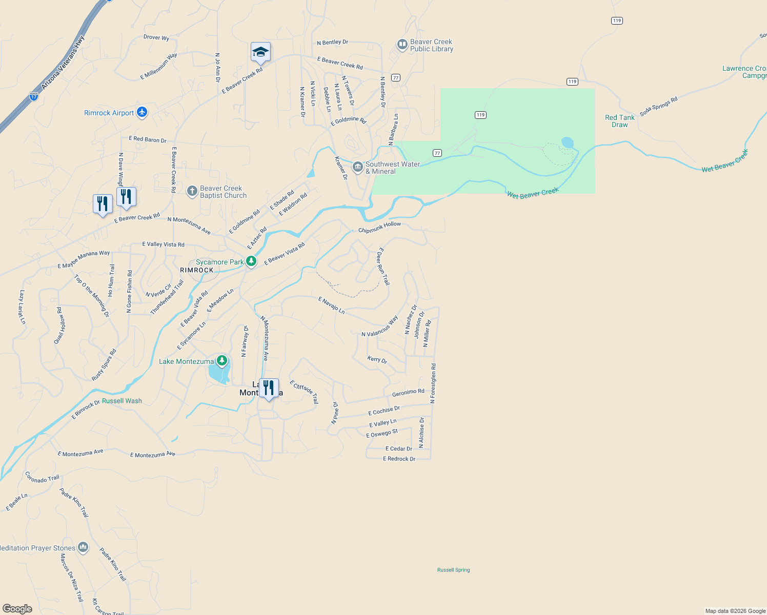 map of restaurants, bars, coffee shops, grocery stores, and more near 4670 East Deer Run Trail in Lake Montezuma