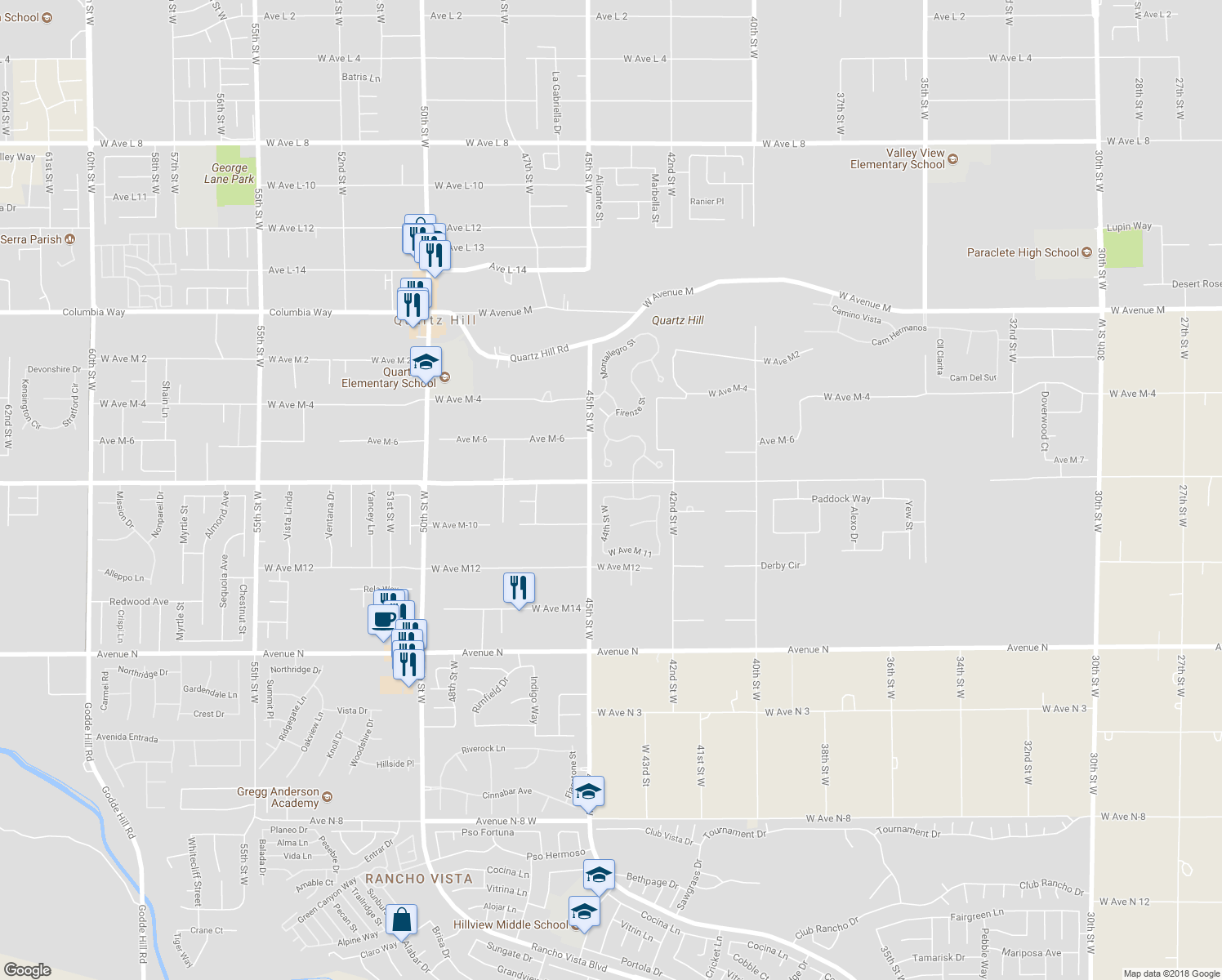 map of restaurants, bars, coffee shops, grocery stores, and more near 4379 Paddock Way in Quartz Hill
