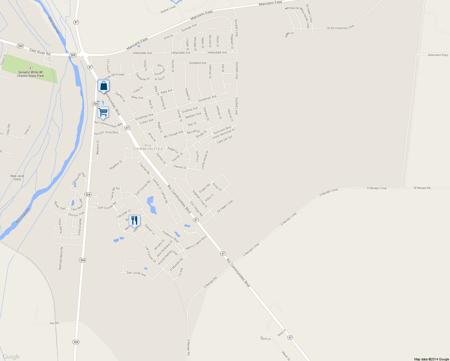 map of restaurants, bars, coffee shops, grocery stores, and more near 1030 Guapo Road in Belen