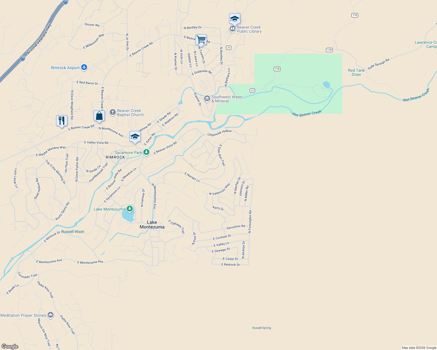 map of restaurants, bars, coffee shops, grocery stores, and more near 4670 E Deer Run Trail in Lake Montezuma