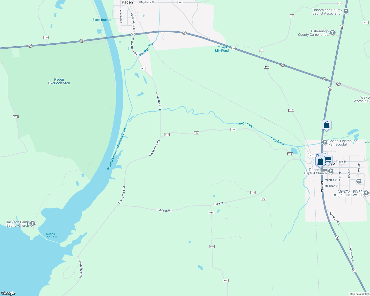 map of restaurants, bars, coffee shops, grocery stores, and more near 24 County Road 118 in Tishomingo