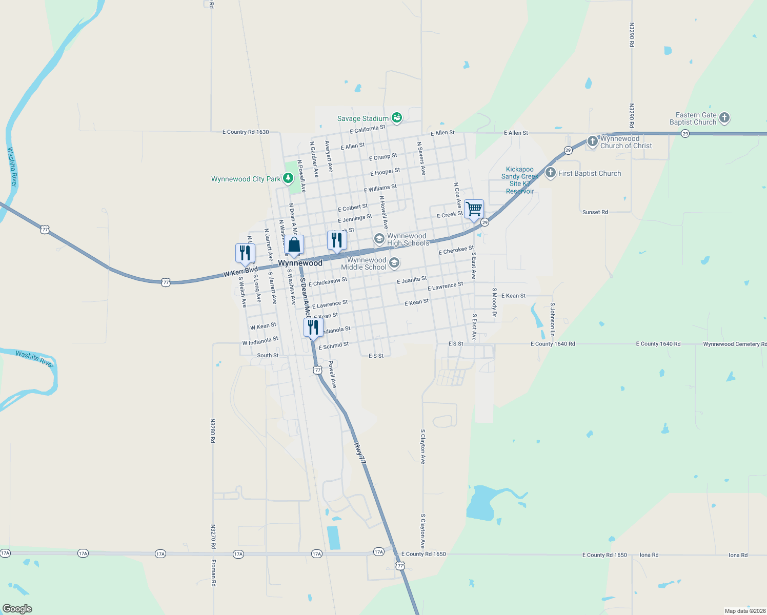 map of restaurants, bars, coffee shops, grocery stores, and more near S Carr Ave in Wynnewood
