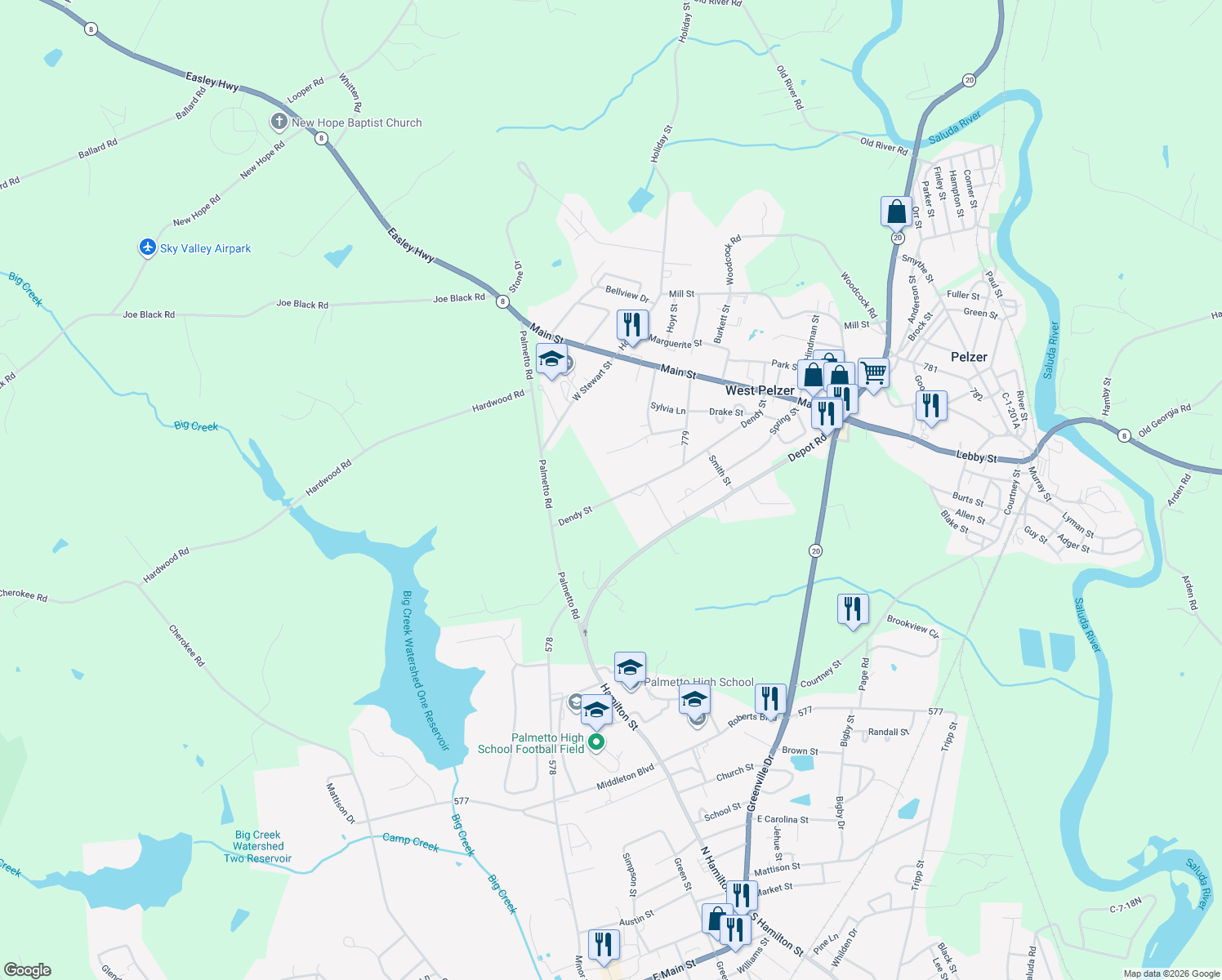 map of restaurants, bars, coffee shops, grocery stores, and more near 48 Dendy Street in Pelzer
