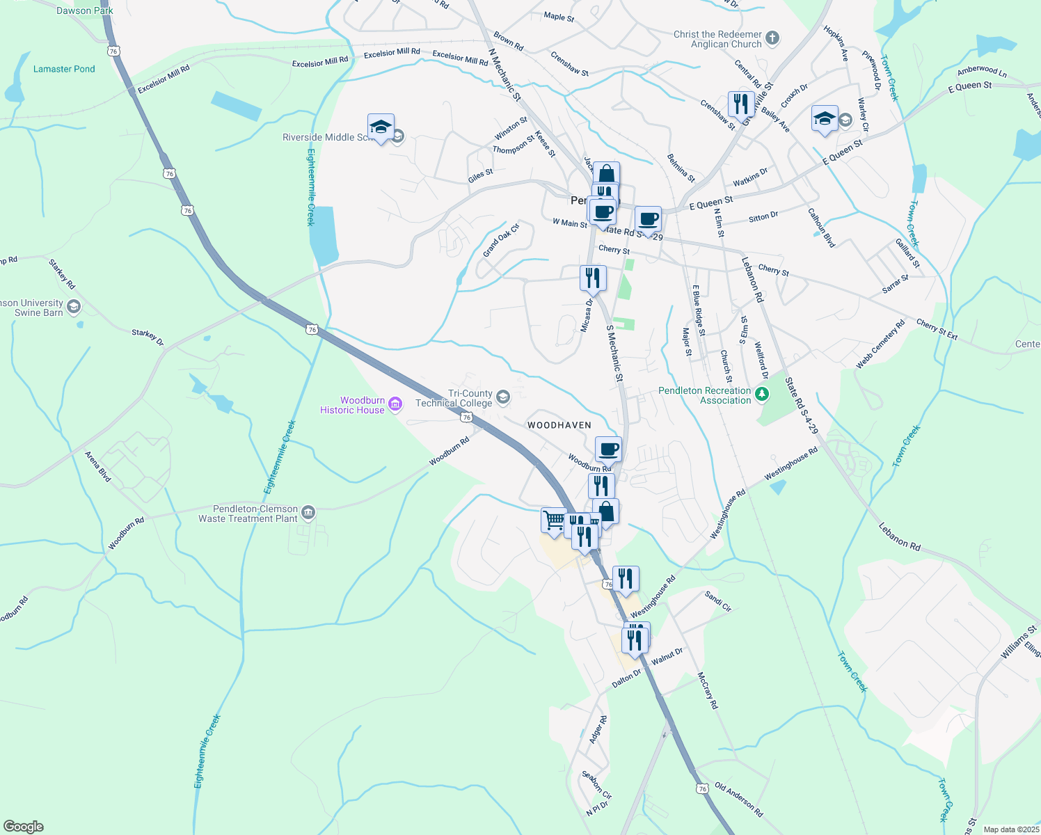 map of restaurants, bars, coffee shops, grocery stores, and more near 134 Shannon Drive in Pendleton