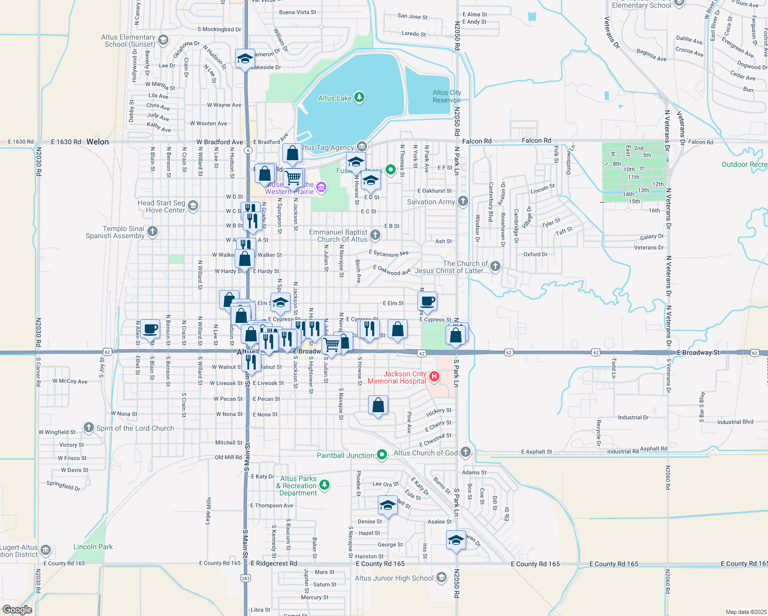 map of restaurants, bars, coffee shops, grocery stores, and more near 906 E Elm St in Altus