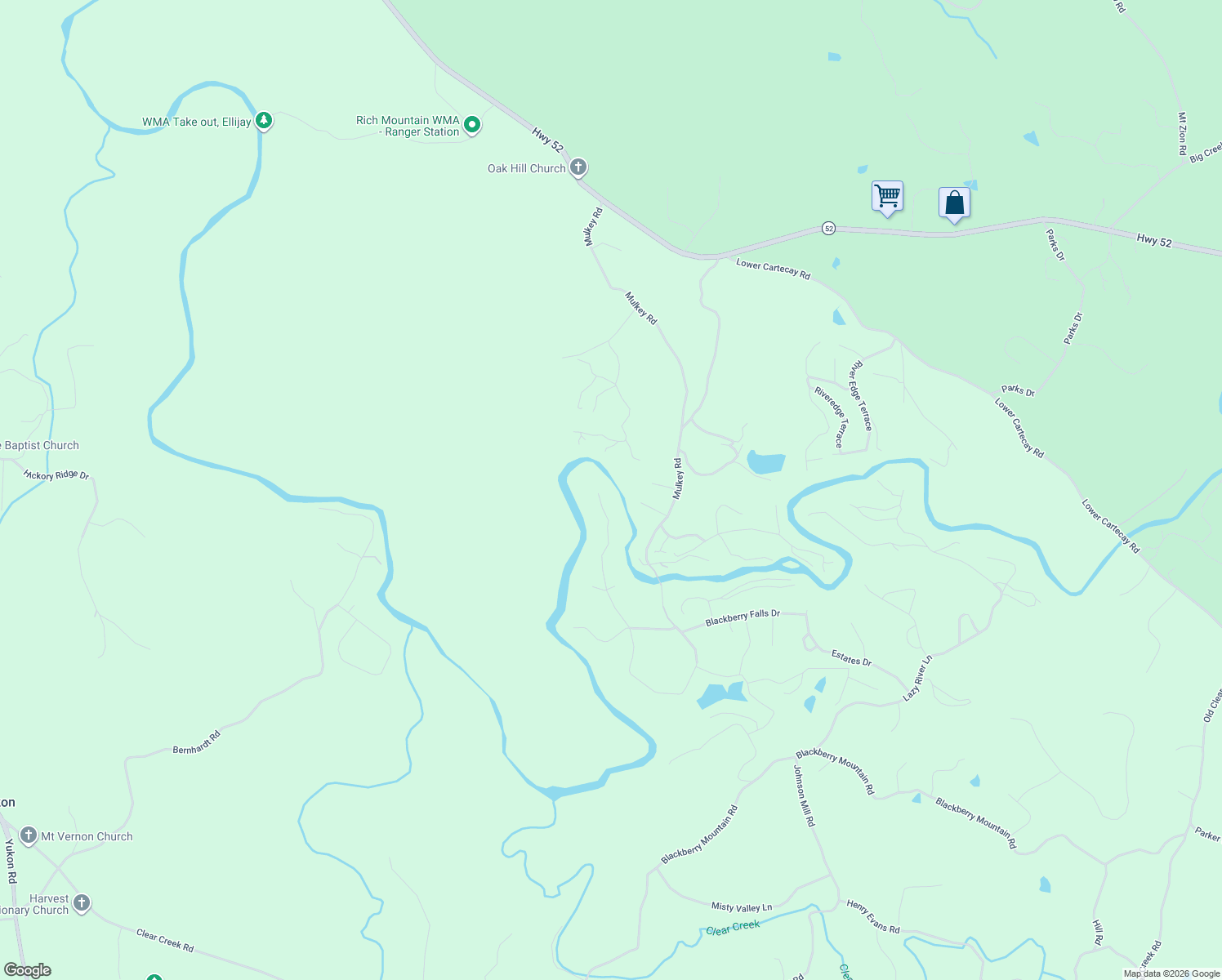 map of restaurants, bars, coffee shops, grocery stores, and more near 66 Farist Lane in Ellijay