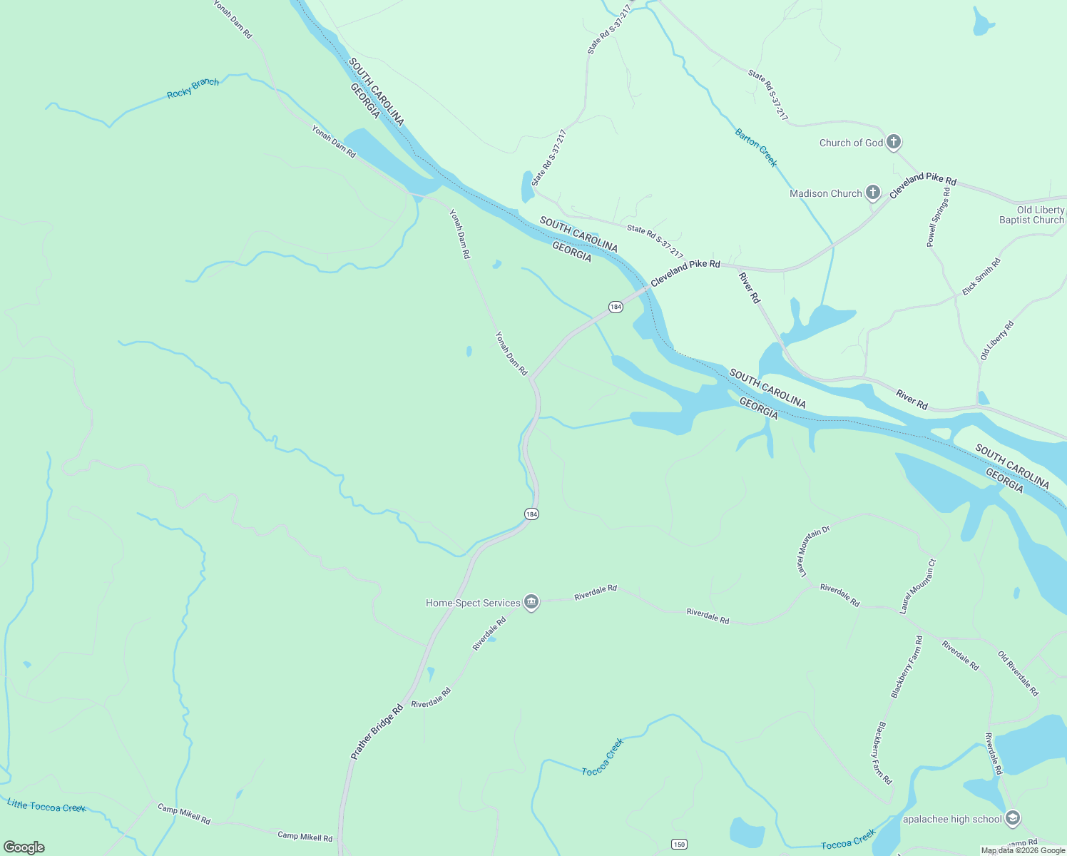 map of restaurants, bars, coffee shops, grocery stores, and more near Prather Bridge Road in Toccoa