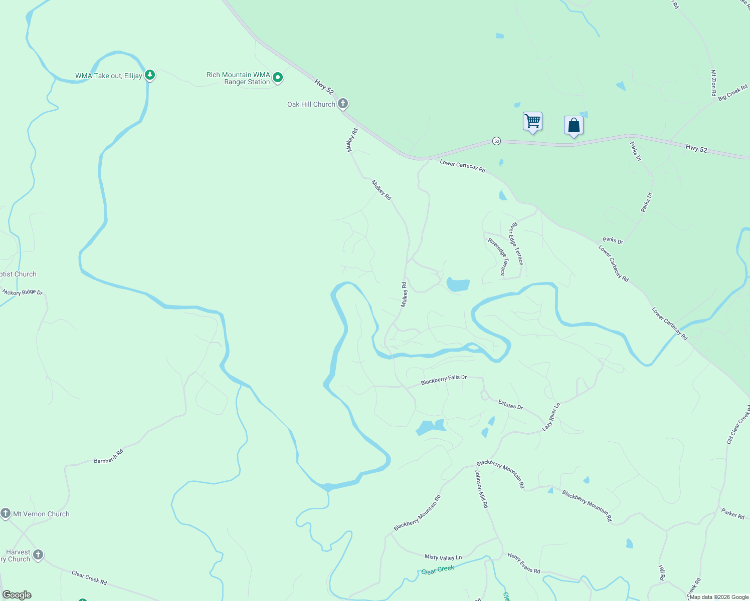 map of restaurants, bars, coffee shops, grocery stores, and more near 66 Farist Lane in Ellijay