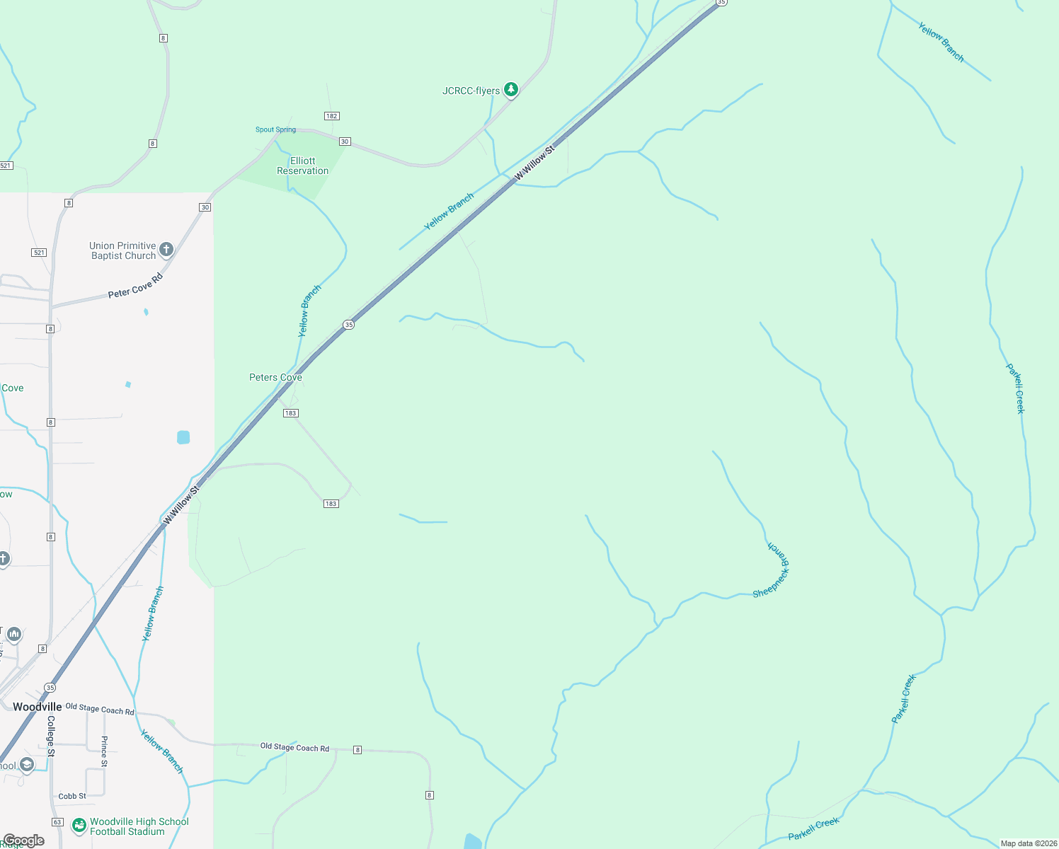 map of restaurants, bars, coffee shops, grocery stores, and more near County Road 183 in Woodville