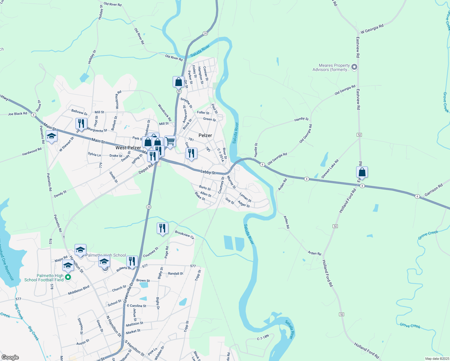 map of restaurants, bars, coffee shops, grocery stores, and more near 1 Courtney Street in Pelzer