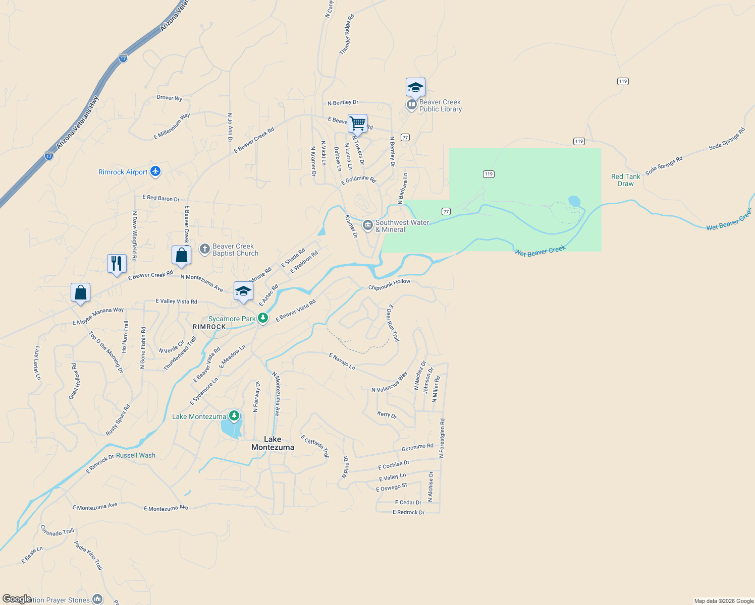 map of restaurants, bars, coffee shops, grocery stores, and more near 4600 East Gunsmoke Pass in Lake Montezuma