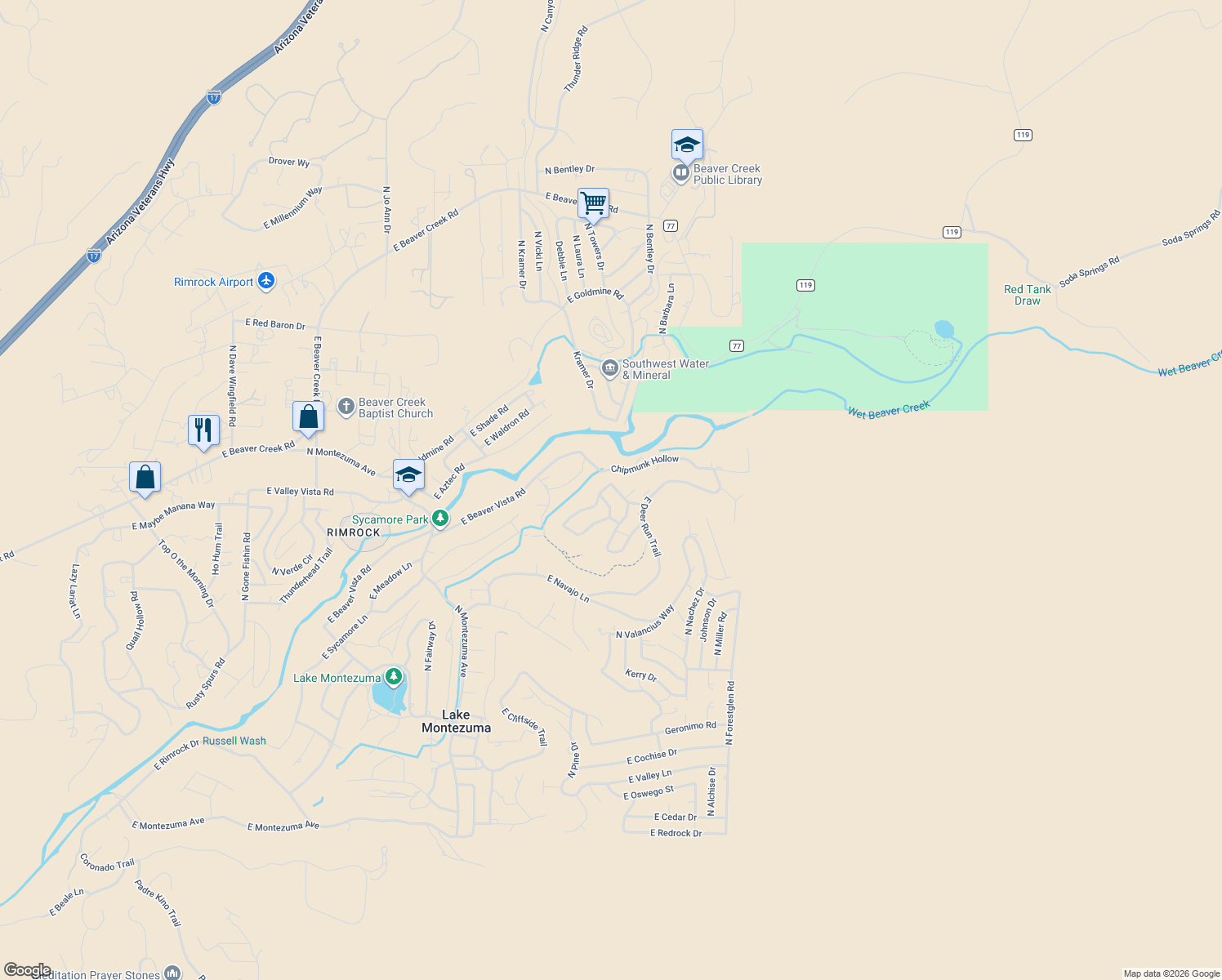 map of restaurants, bars, coffee shops, grocery stores, and more near 4600 East Gunsmoke Pass in Lake Montezuma