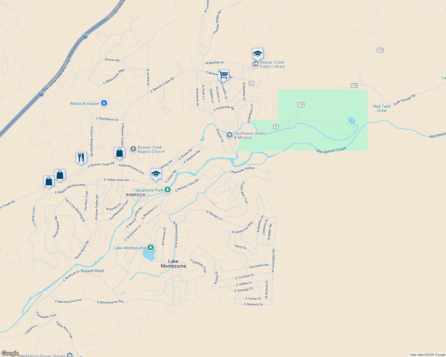 map of restaurants, bars, coffee shops, grocery stores, and more near 4540 Roundup Road in Lake Montezuma