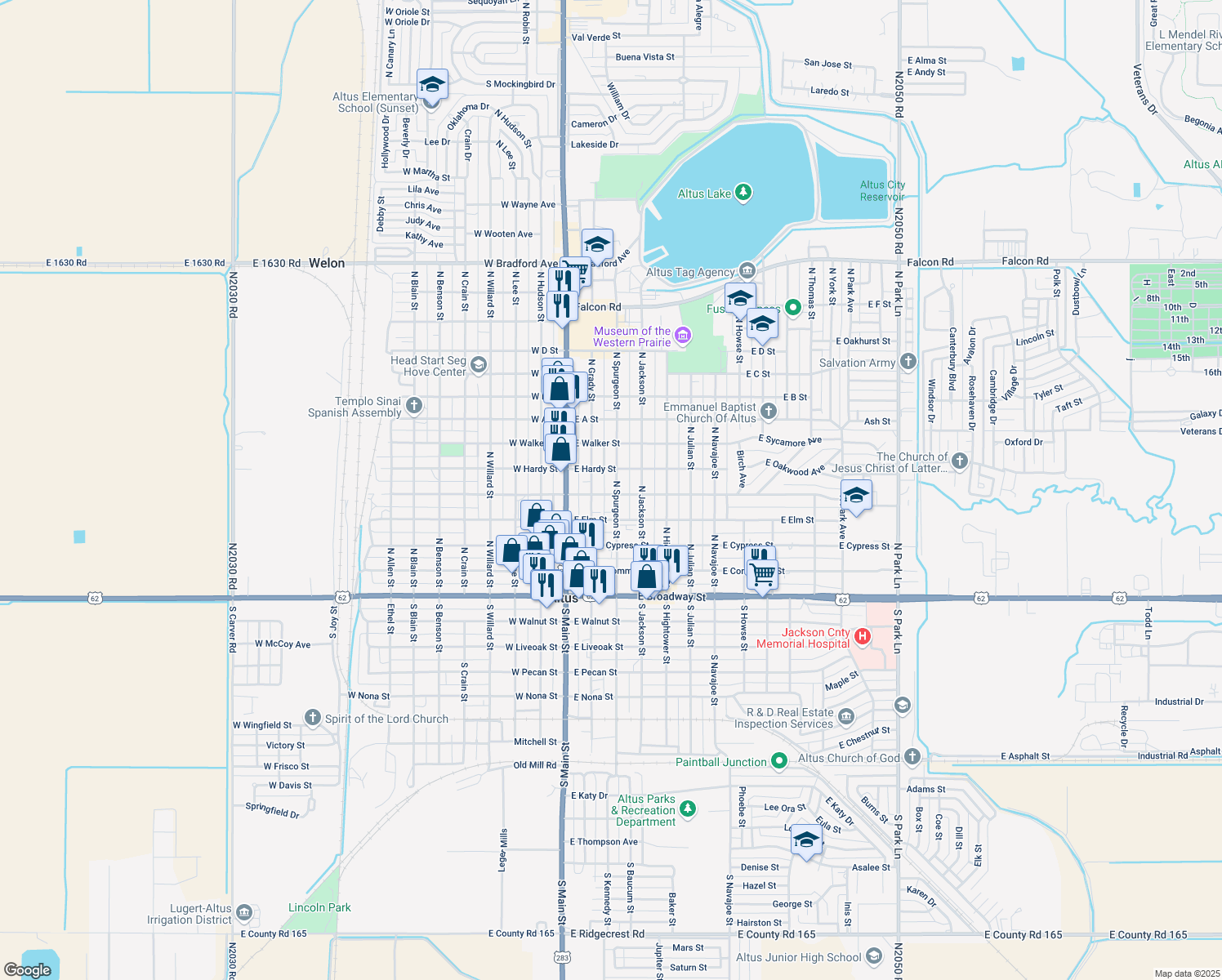 map of restaurants, bars, coffee shops, grocery stores, and more near 503 North Spurgeon Street in Altus