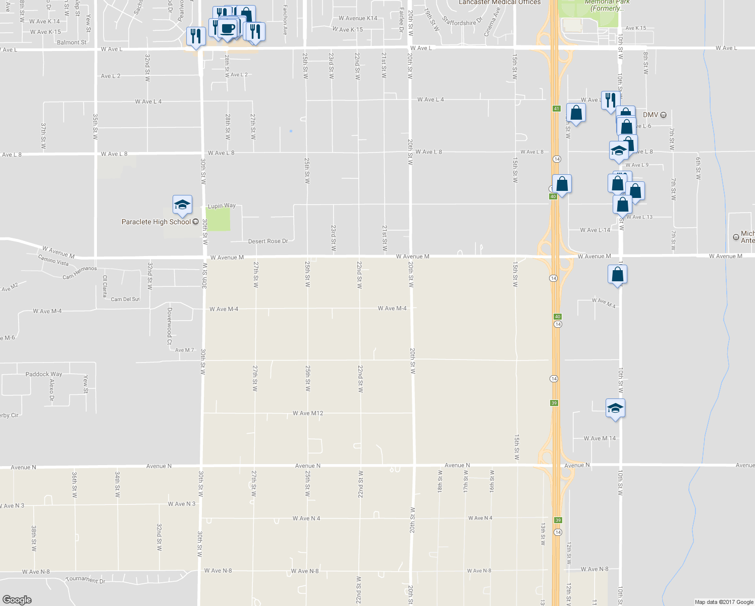 map of restaurants, bars, coffee shops, grocery stores, and more near 2123 West Avenue M-4 in Palmdale