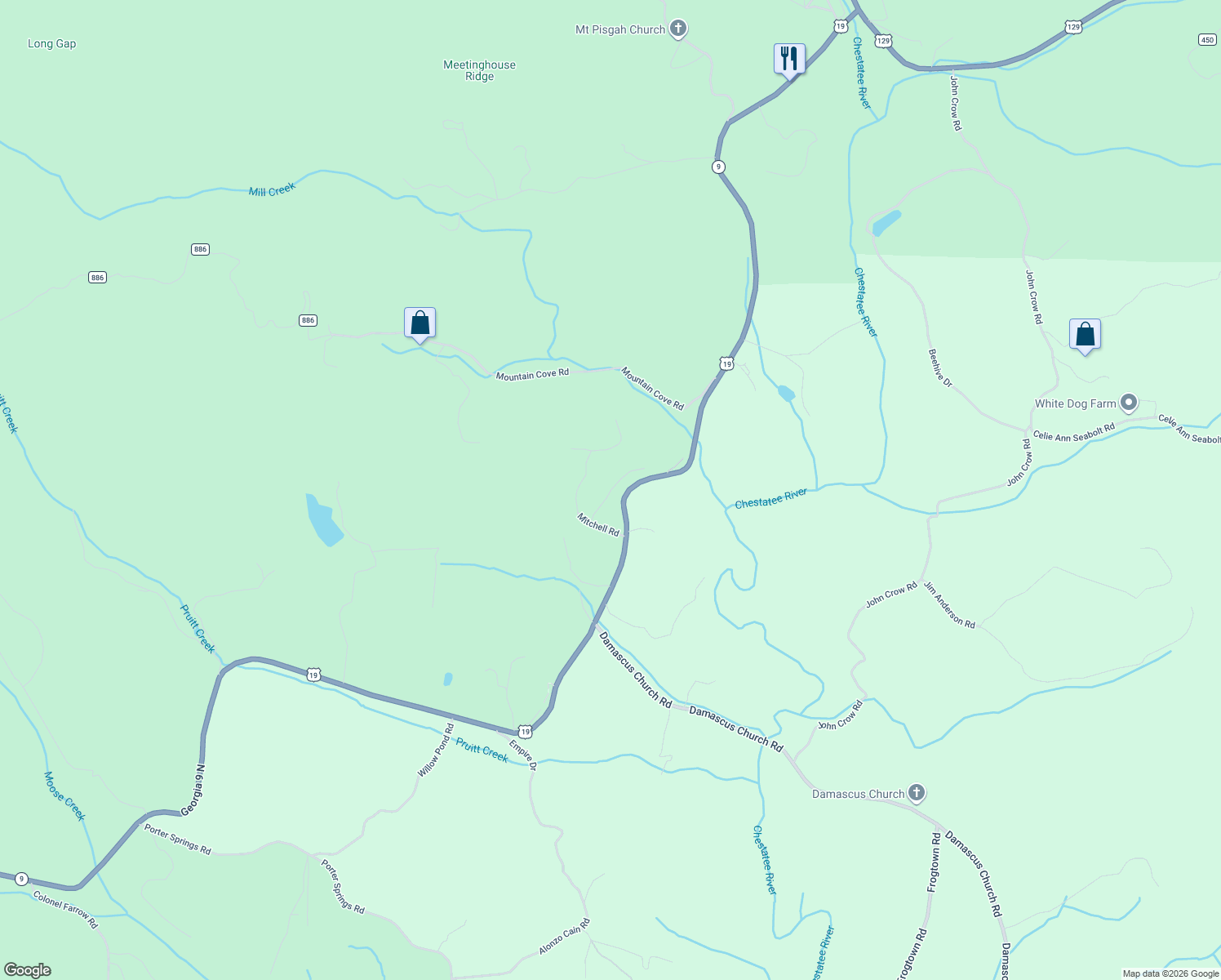 map of restaurants, bars, coffee shops, grocery stores, and more near 199 Mitchell Road in Dahlonega