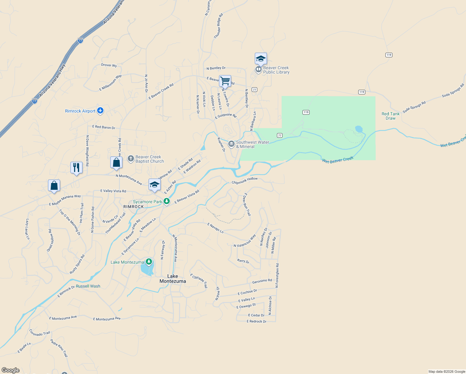 map of restaurants, bars, coffee shops, grocery stores, and more near 4600 East Gunsmoke Pass in Lake Montezuma