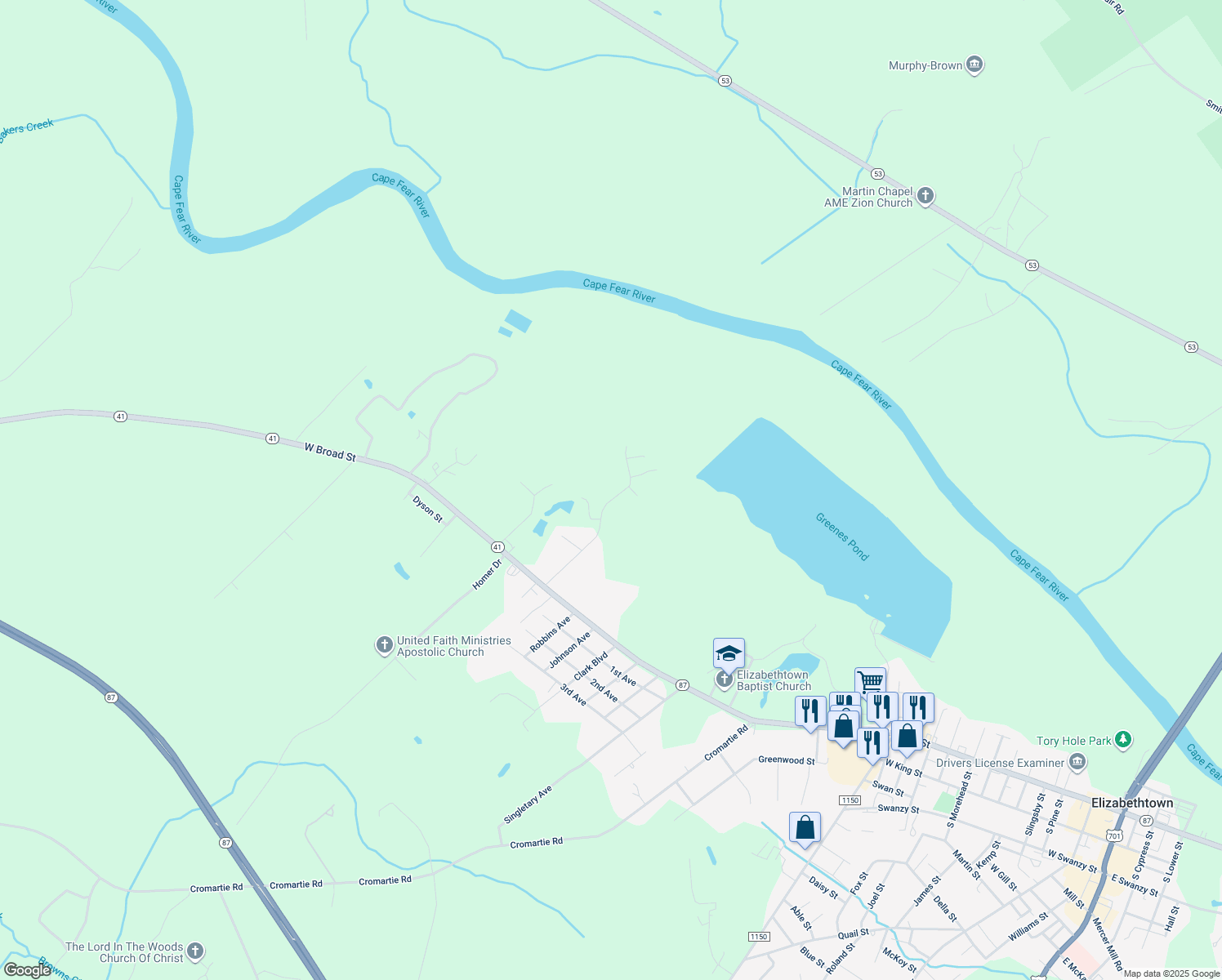 map of restaurants, bars, coffee shops, grocery stores, and more near 405 Harwood Street in Elizabethtown