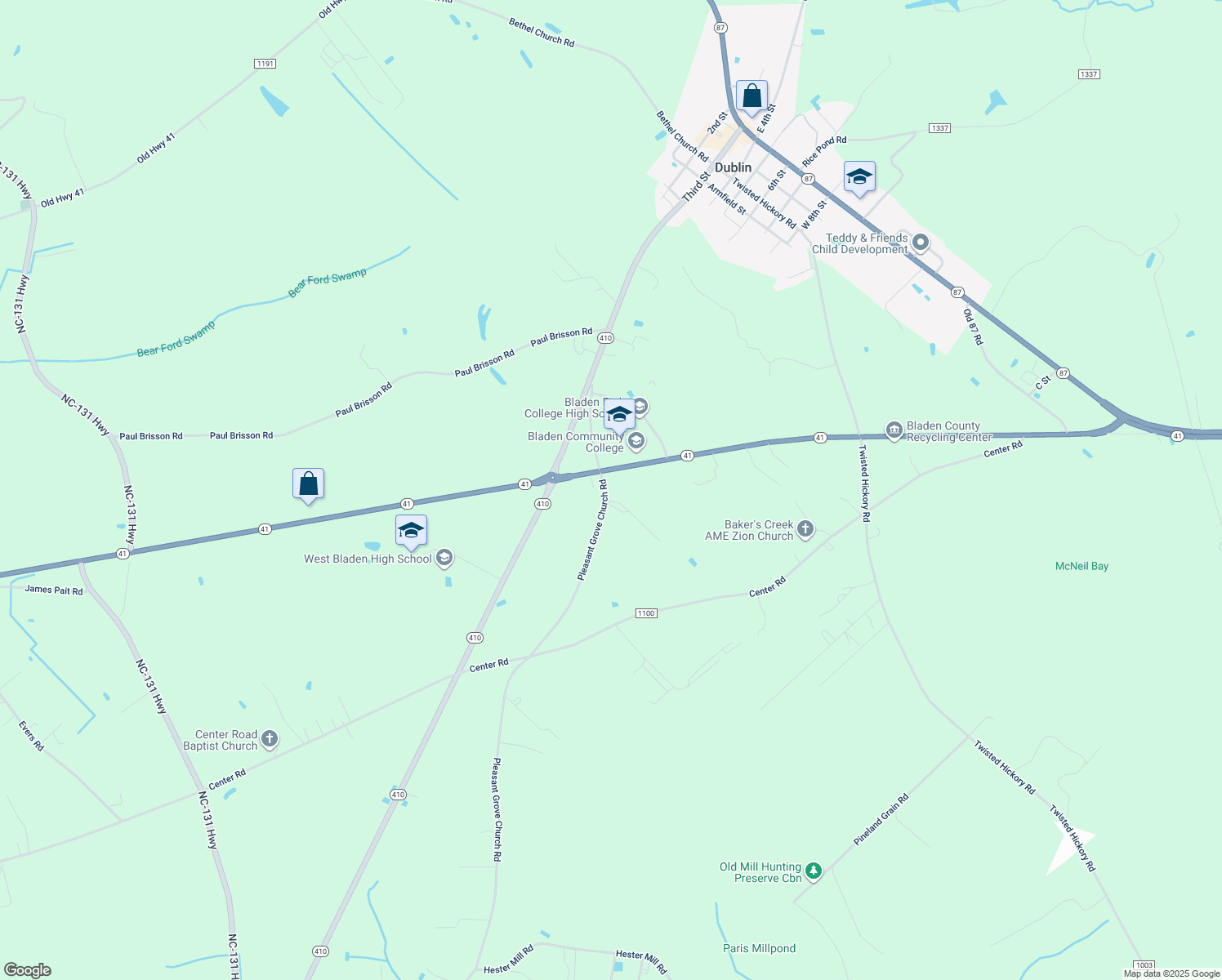 map of restaurants, bars, coffee shops, grocery stores, and more near 321 Pleasant Grove Church Road in Bladenboro