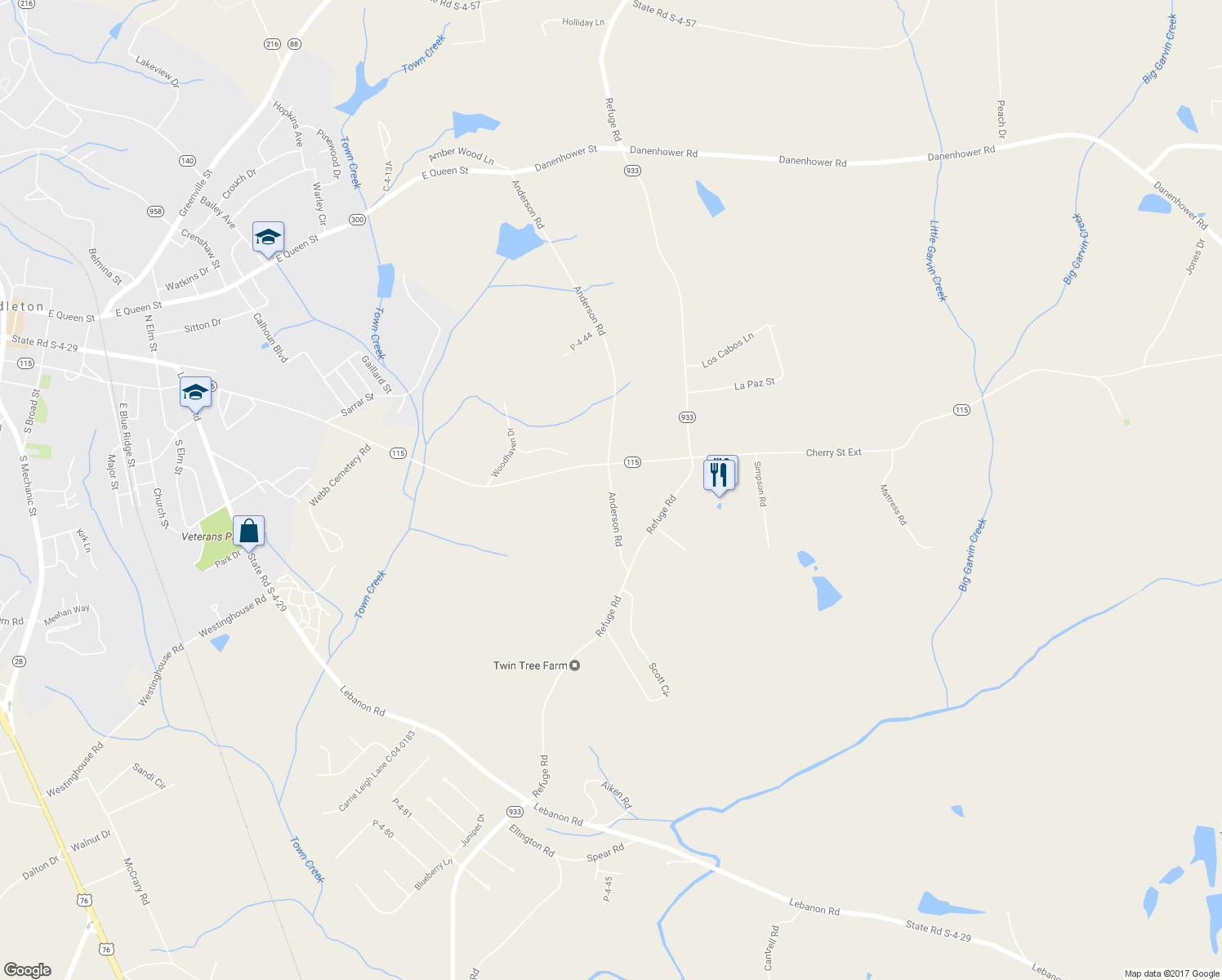 map of restaurants, bars, coffee shops, grocery stores, and more near 616 Anderson Road in Pendleton